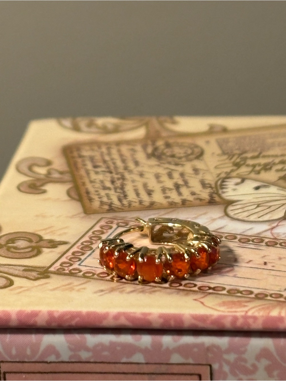 14K Gold and Orange Garnet Half Hoop Earrings - Picture 5 of 6